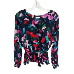 Parker‎ Alyssa Blouse Black Floral Silk Peplum Faux Wrap V-Neck Top Size Small